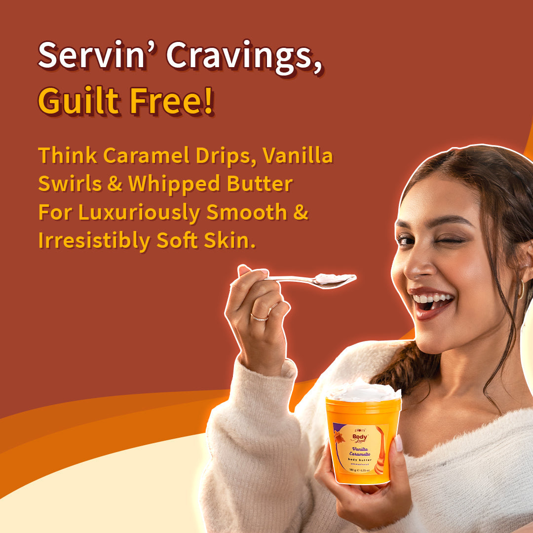 Plum Vanilla Caramello Body Butter by Plum BodyLovin' | Deep Moisturization | Shea Butter & Brazil Nut Oil | Vanilla & Salted Caramel | Non-Greasy & Lightweight, 180g