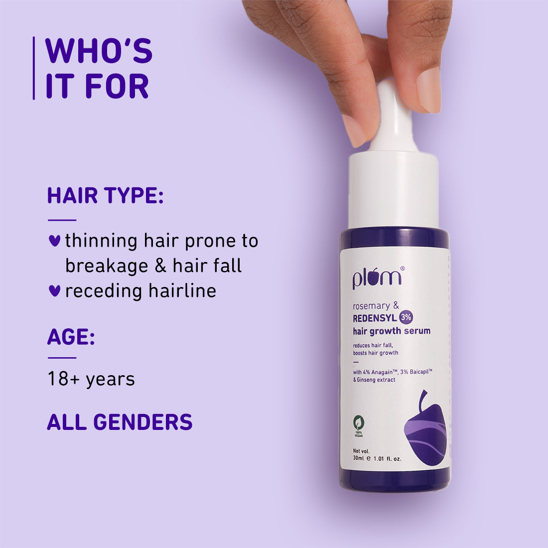 Plum Rosemary & 3% Redensyl Hair Growth serum | Reduces Hairfall | Boosts Hair Growth | Improves Hair Density, 30ml