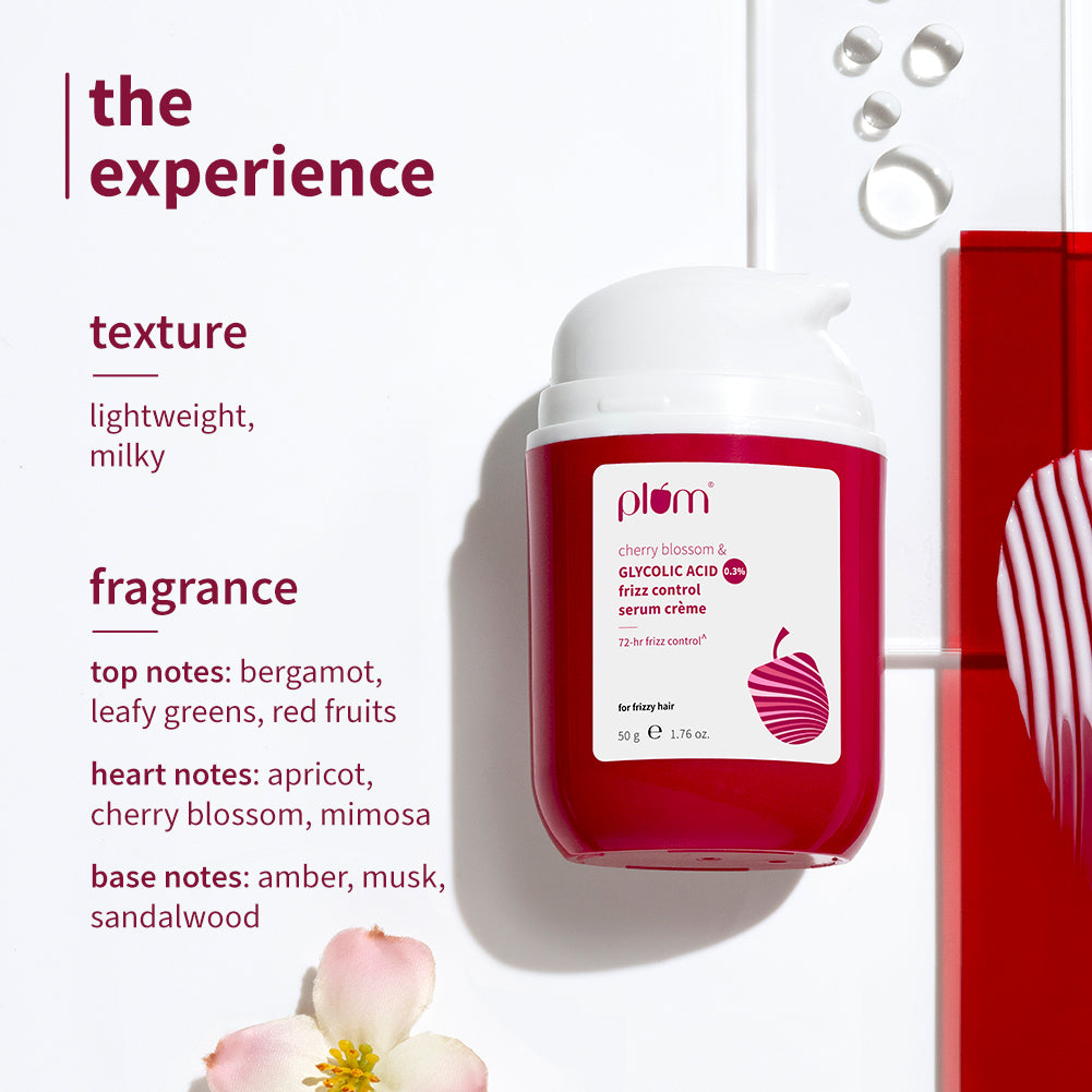 Plum 0.3% Glycolic Acid & Cherry Blossom Frizz Control Serum Creme | 72-Hr Humidity-Proof Frizz Control, 50g
