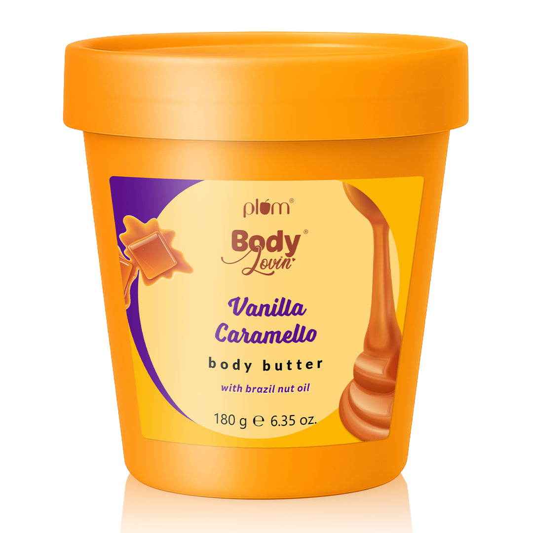 Plum Vanilla Caramello Body Butter by Plum BodyLovin' | Deep Moisturization | Shea Butter & Brazil Nut Oil | Vanilla & Salted Caramel | Non-Greasy & Lightweight, 180g