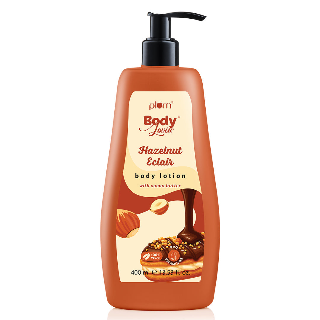 Plum Hazelnut Eclair Body Lotion by Plum BodyLovin' | Deep Moisturization | Cocoa Butter & Vitamin B5 | Decadent Hazelnut Chocolate Fragrance | Non-Greasy & Lightweight, 400ml