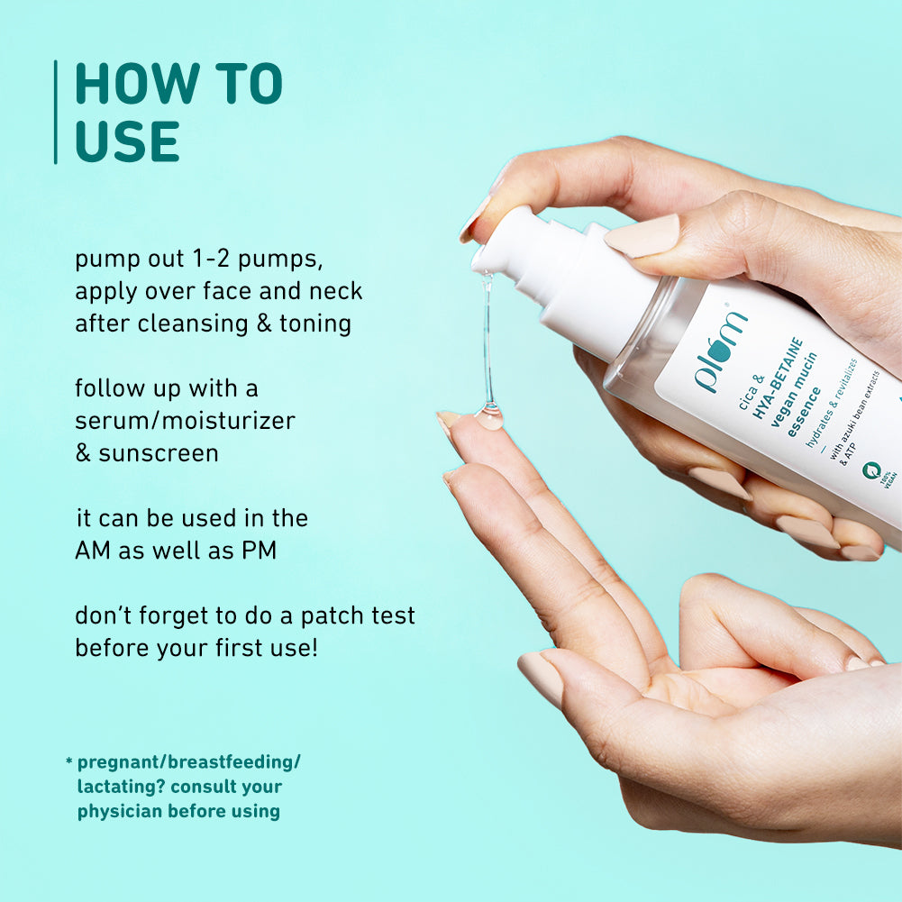 Plum Cica & Hya-Betaine Vegan Mucin Face Essence With Azuki Bean Extracts & ATP | 72 Hr, 5-Layer Deep Hydration | Soothes & Cools | Lightweight, Quick-Absorbing & Non-Sticky, 100ml