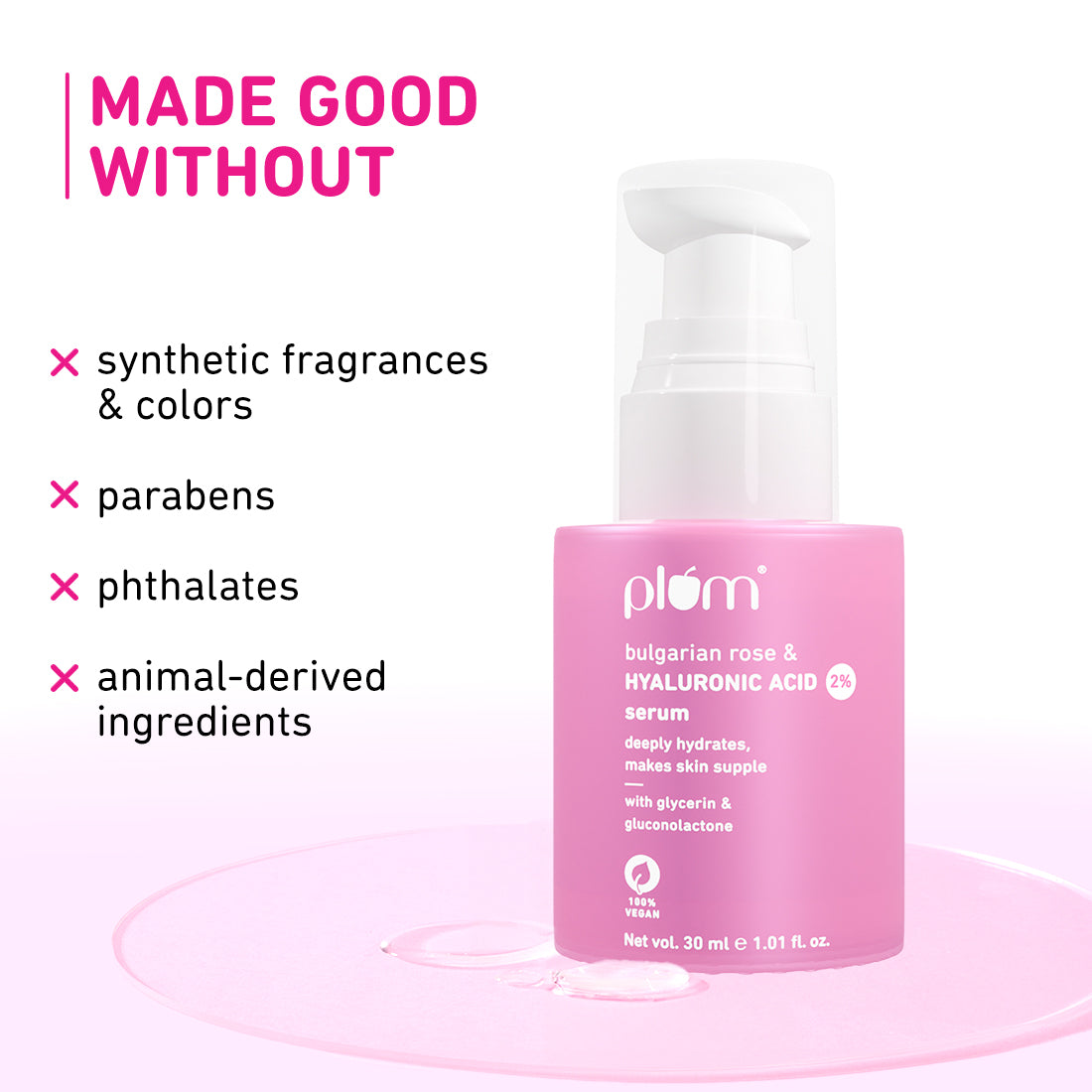 Plum 2% Hyaluronic Acid Serum for Face with Bulgarian Rose | Deeply Hydrates | Calms Inflammation | Plumps-Up Skin, 30ml