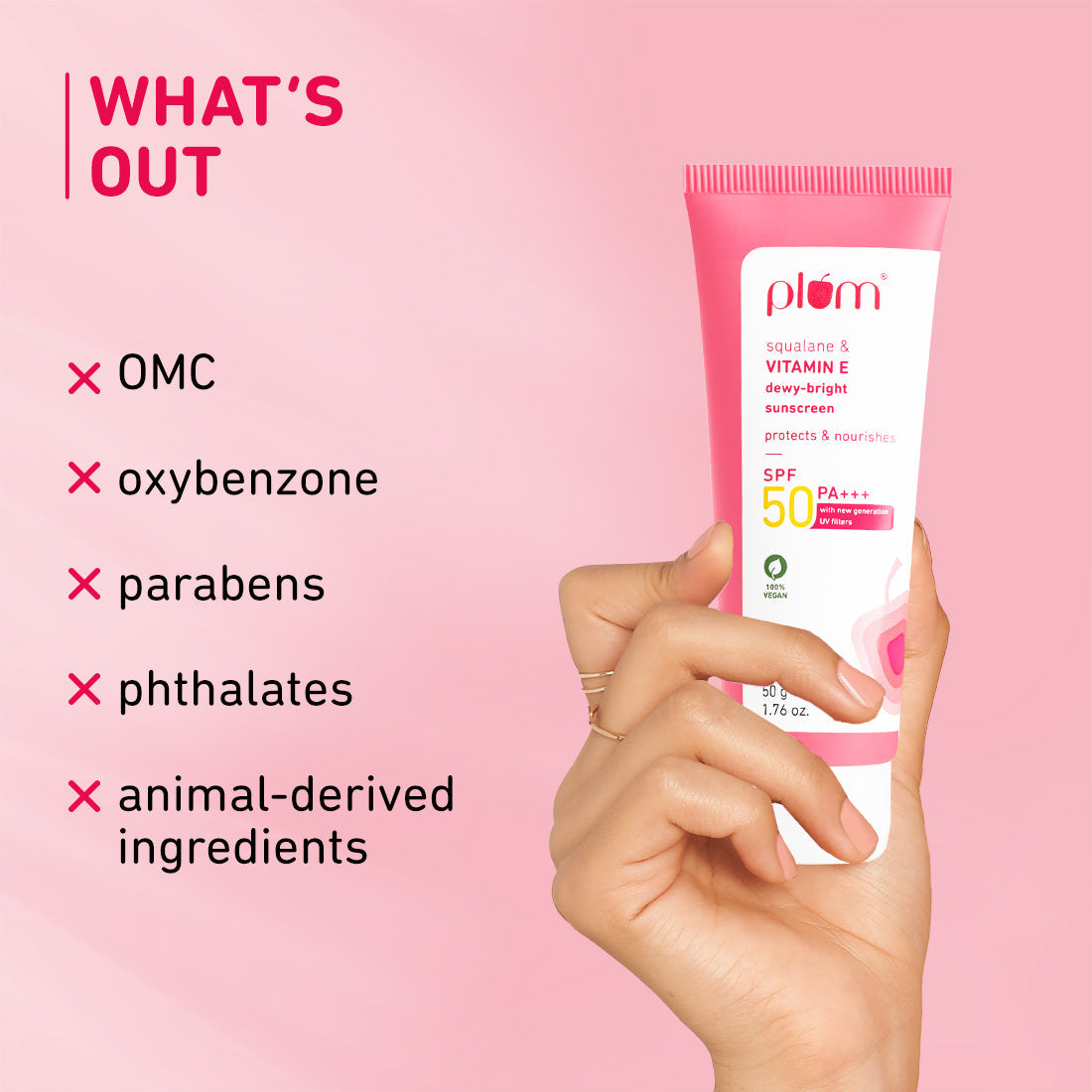 Plum Squalane & Vitamin E SPF 50 PA+++ Dewy-Bright Sunscreen | Safe, New Gen UV Filters | No White Cast, 50g