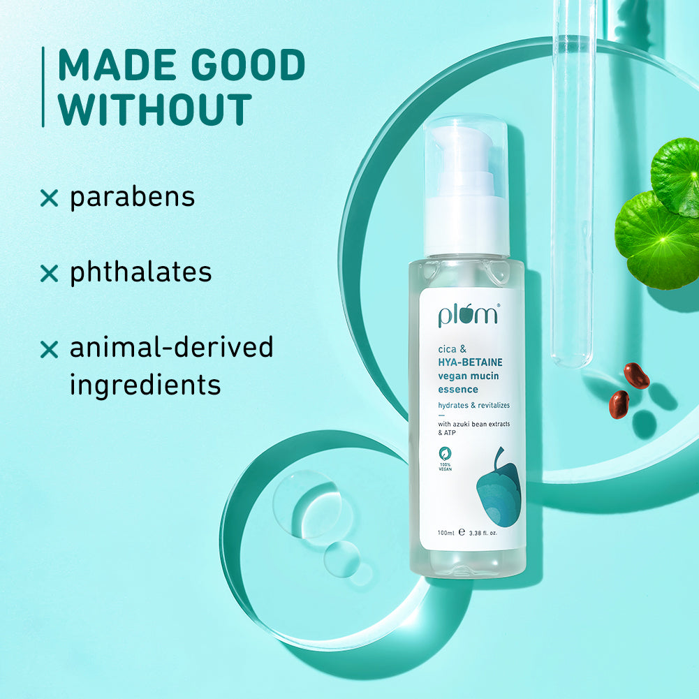 Plum Cica & Hya-Betaine Vegan Mucin Face Essence With Azuki Bean Extracts & ATP | 72 Hr, 5-Layer Deep Hydration | Soothes & Cools | Lightweight, Quick-Absorbing & Non-Sticky, 100ml