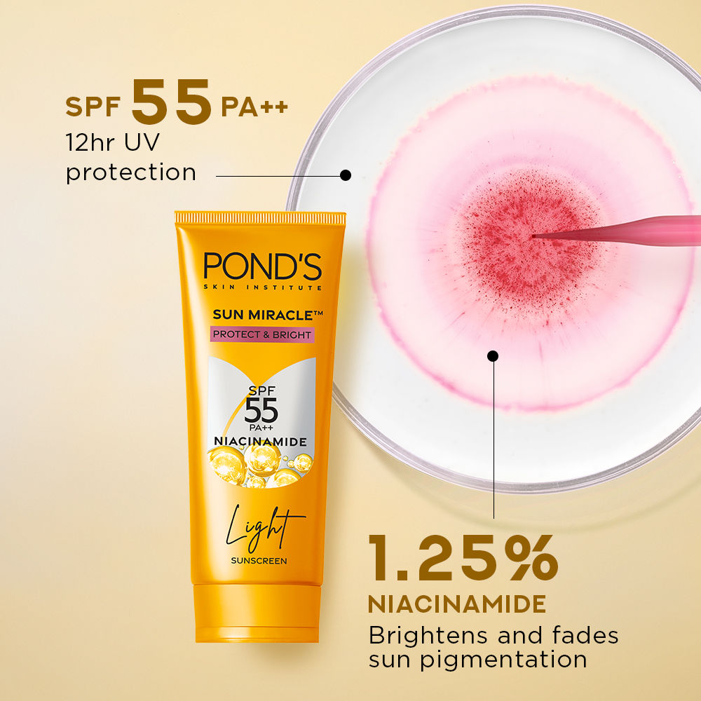 Pond’s Sun Miracle SPF 50 PA+++ Light Sunscreen - Protect & Bright, With 3% Active Niacinamide, 50g Buy at Indicrest Image 3