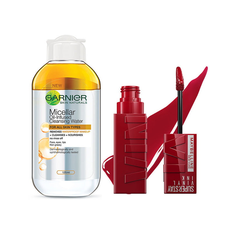 Maybelline New York Superstay Vinyl Ink Liquid Lipstick + Garnier Oil-Infused Cleansing Water Combo, 2 pieces Buy at Indicrest