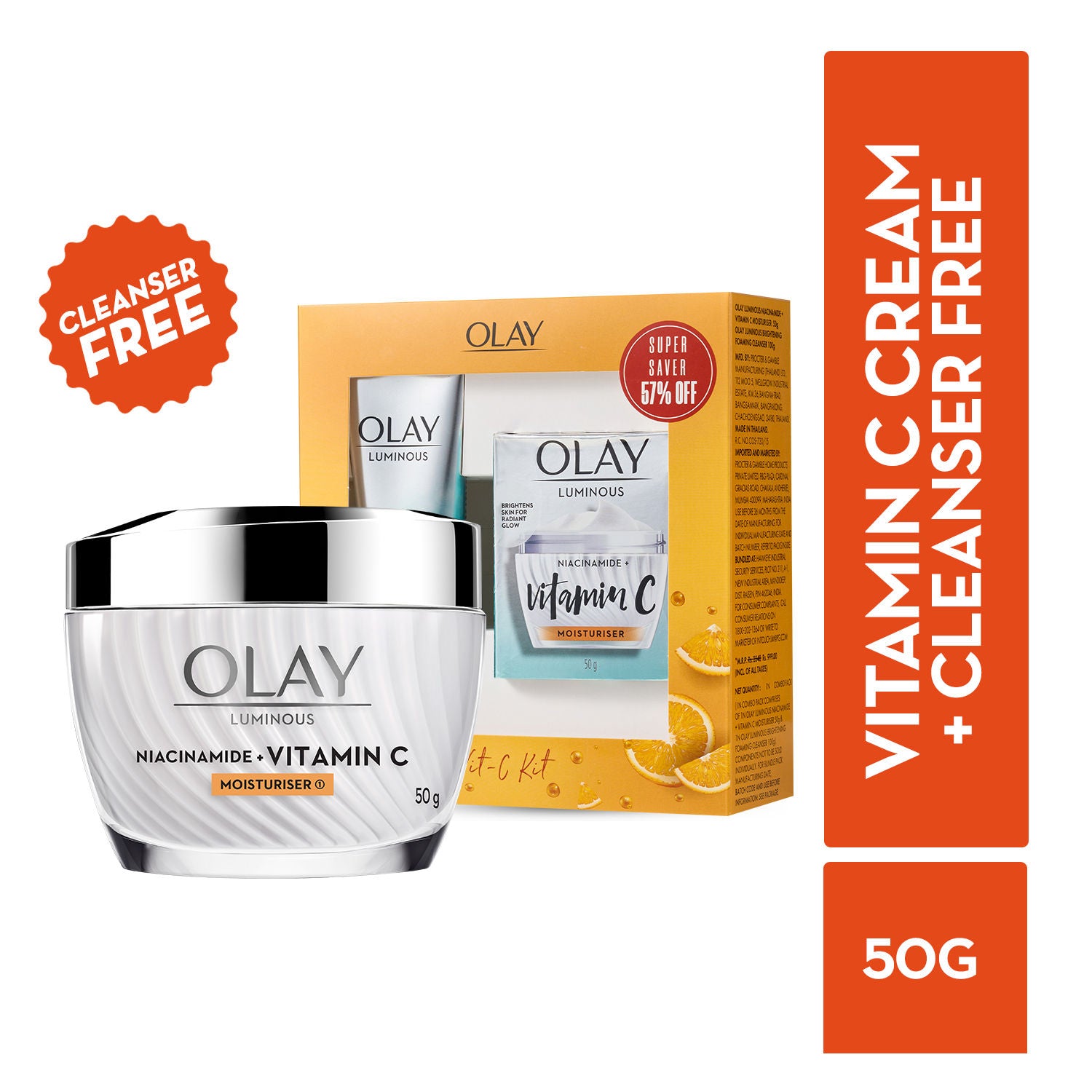 Olay Vitamin C Kit For 2x Glow - Moisturizer Cream, 50g With Free Cleanser, 100g Combo Buy at Indicrest