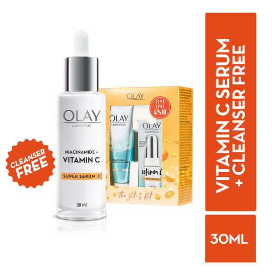 Olay Vitamin C Kit - Super Serum, 30ml With Free Cleanser, Reduces 5 Years Of Stubborn Dark Spots, 100ml Combo, 30ml+100g Buy at Indicrest