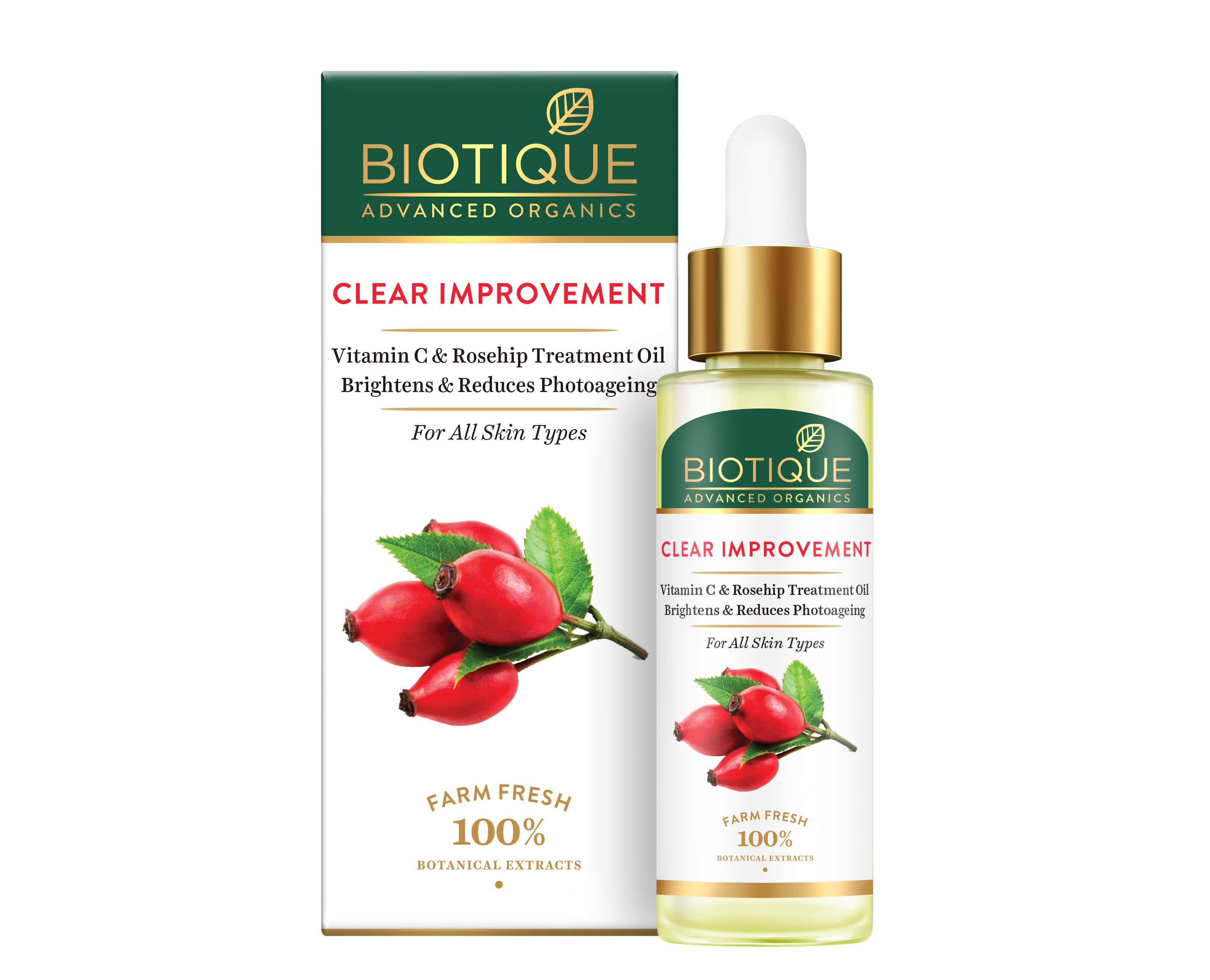 Biotique Clear Improvement Vitamin C & Rosehip & Treatment Oil Brightness & Reduce Photo aging, 30ml - Buy from Indicrest