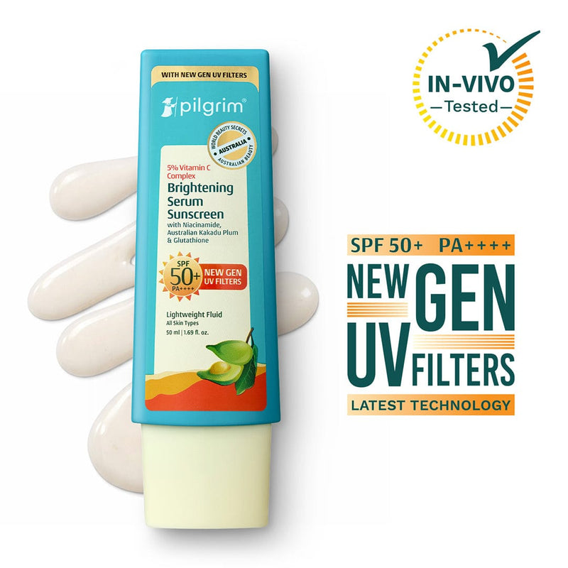 Pilgrim 5% Vitamin C Complex Brightening Serum Sunscreen SPF 50+ PA++++, 50ml - Buy from Indicrest