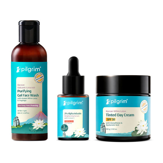 Pilgrim Detan & Glow Men Skincare Kit, Face Wash 100ml + Brightening Serum 30ml + White Lotus Day Cream 100g - Buy from Indicrest