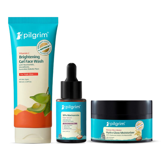 Pilgrim Daily Glow Trio, Face Wash 100ml + Serum 30ml + Moisturizer 100g - Buy from Indicrest
