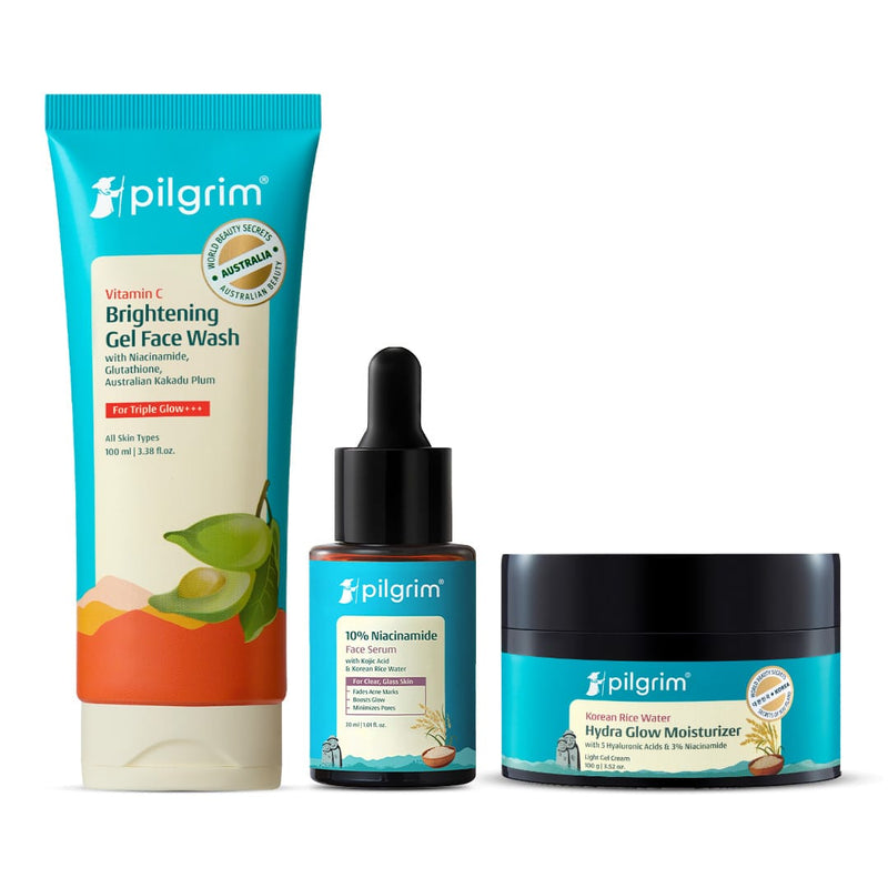 Pilgrim Daily Glow Trio, Face Wash 100ml + Serum 30ml + Moisturizer 100g - Buy from Indicrest