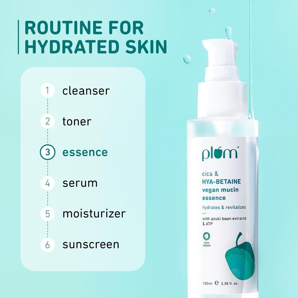 Plum Cica & Hya-Betaine Vegan Mucin Face Essence With Azuki Bean Extracts & ATP | 72 Hr, 5-Layer Deep Hydration | Soothes & Cools | Lightweight, Quick-Absorbing & Non-Sticky, 100ml