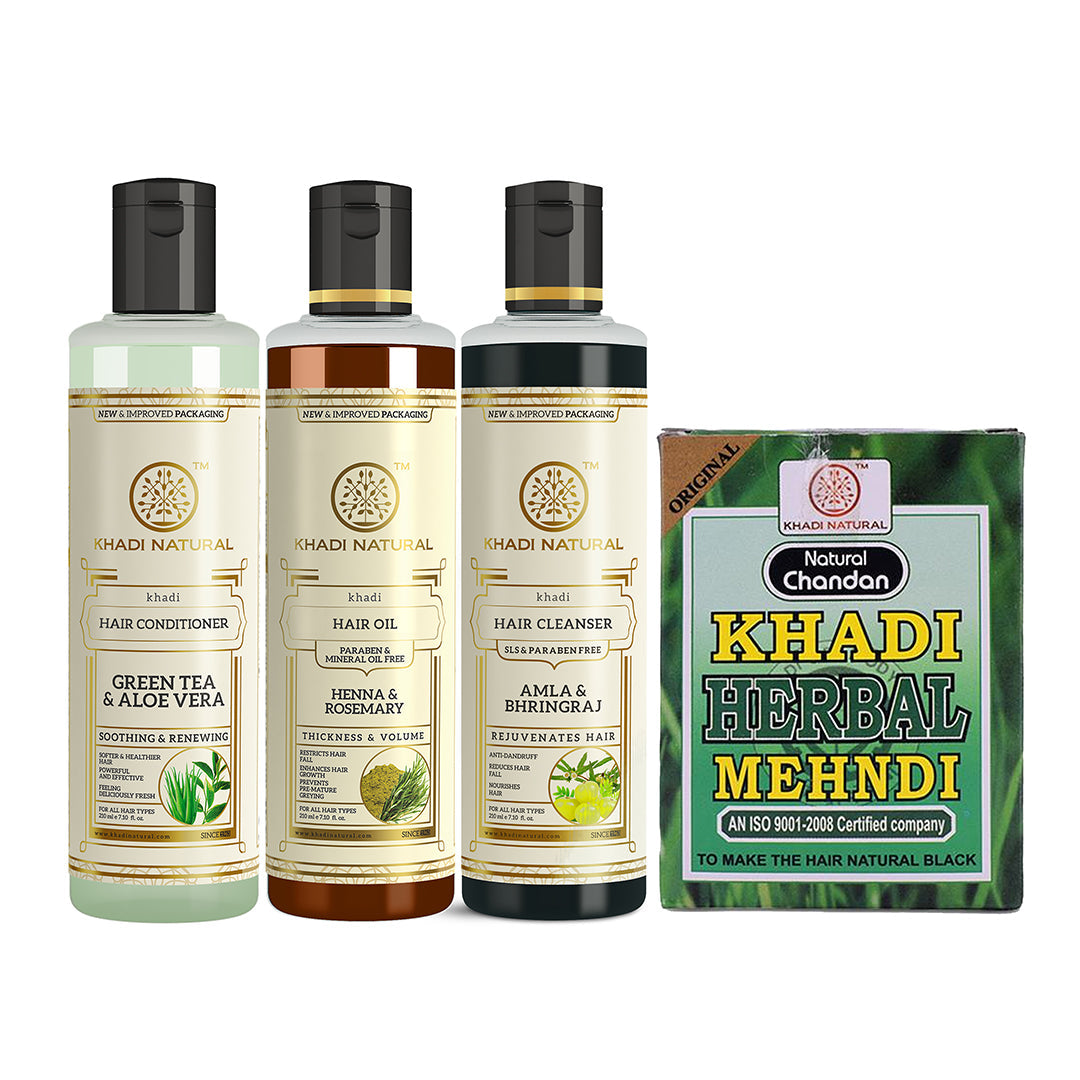 Khadi Herbal Black Mehndi, Amla & Bhringraj Hair Cleanser, Henna Rosemary with Green Tea Aloe Vera Conditioner Combo (Set of 4) - Buy from Indicrest