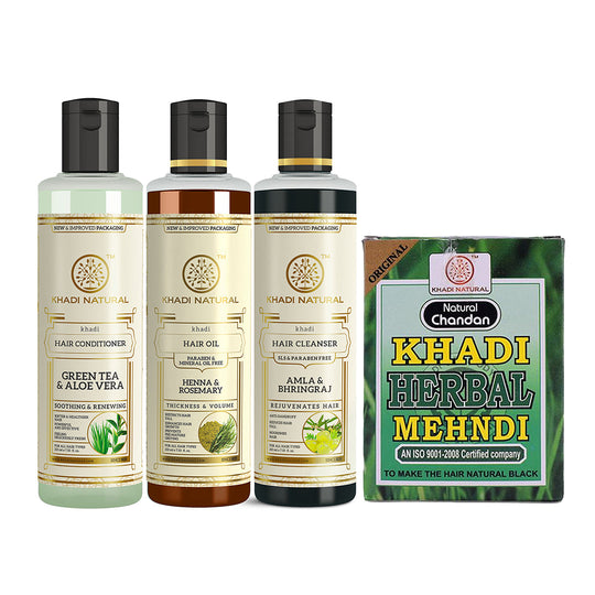 Khadi Herbal Black Mehndi, Amla & Bhringraj Hair Cleanser, Henna Rosemary with Green Tea Aloe Vera Conditioner Combo (Set of 4) - Buy from Indicrest