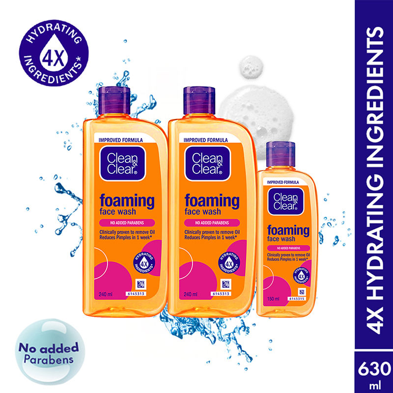 Clean & Clear Foaming Face Wash - Hydrating Cleanser for Oily Skin & Acne Value Pack, 3 pieces