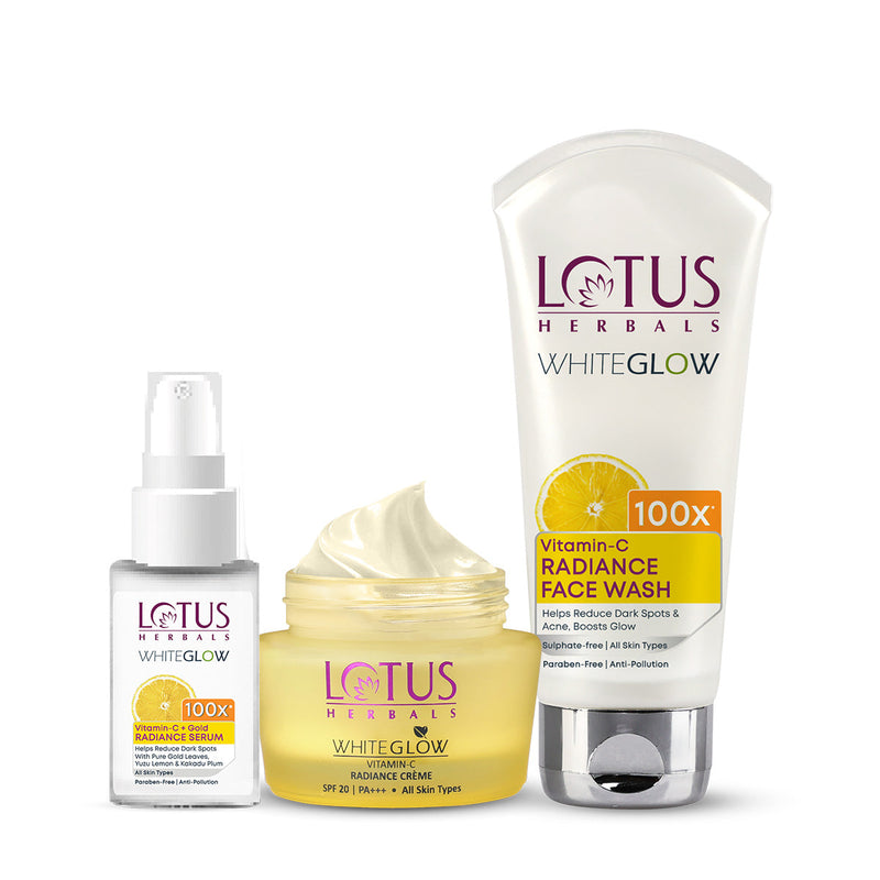 Lotus Herbals WhiteGlow Vitamin-C + Gold Radiance Regime, Facewash 100g + Creme 50g + Serum 30ml