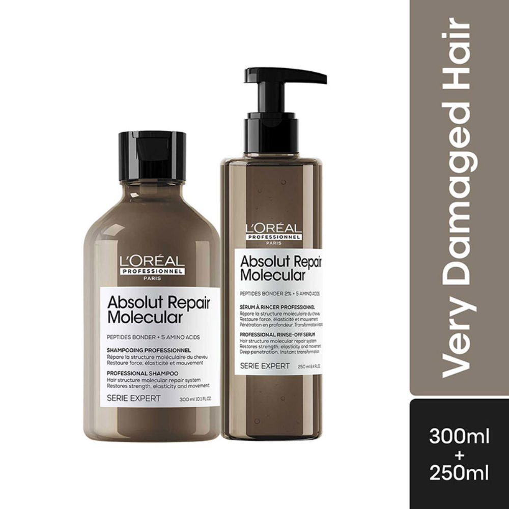 L'Oreal Professionnel Absolut Repair Molecular Shampoo 300ml | Rinse-Off Serum, 250ml Combo For Very Damaged Hair