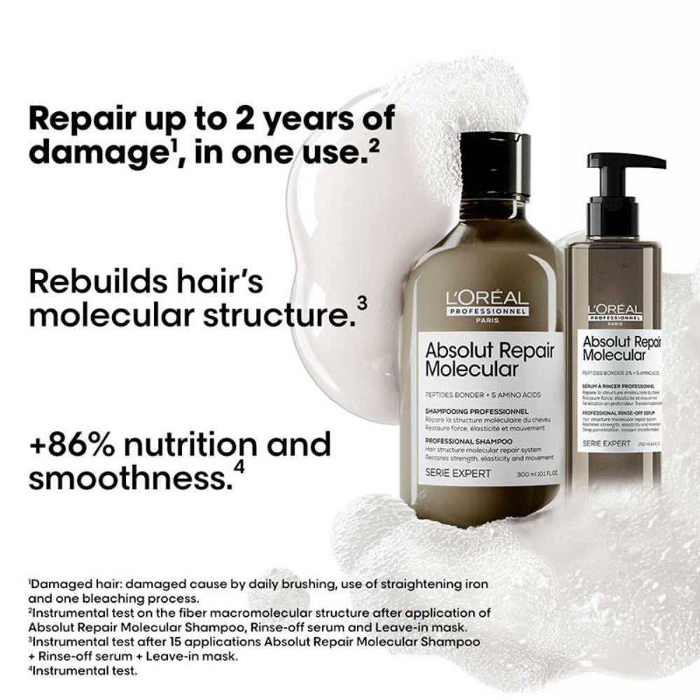 L'Oreal Professionnel Absolut Repair Molecular Shampoo 300ml | Rinse-Off Serum, 250ml Combo For Very Damaged Hair