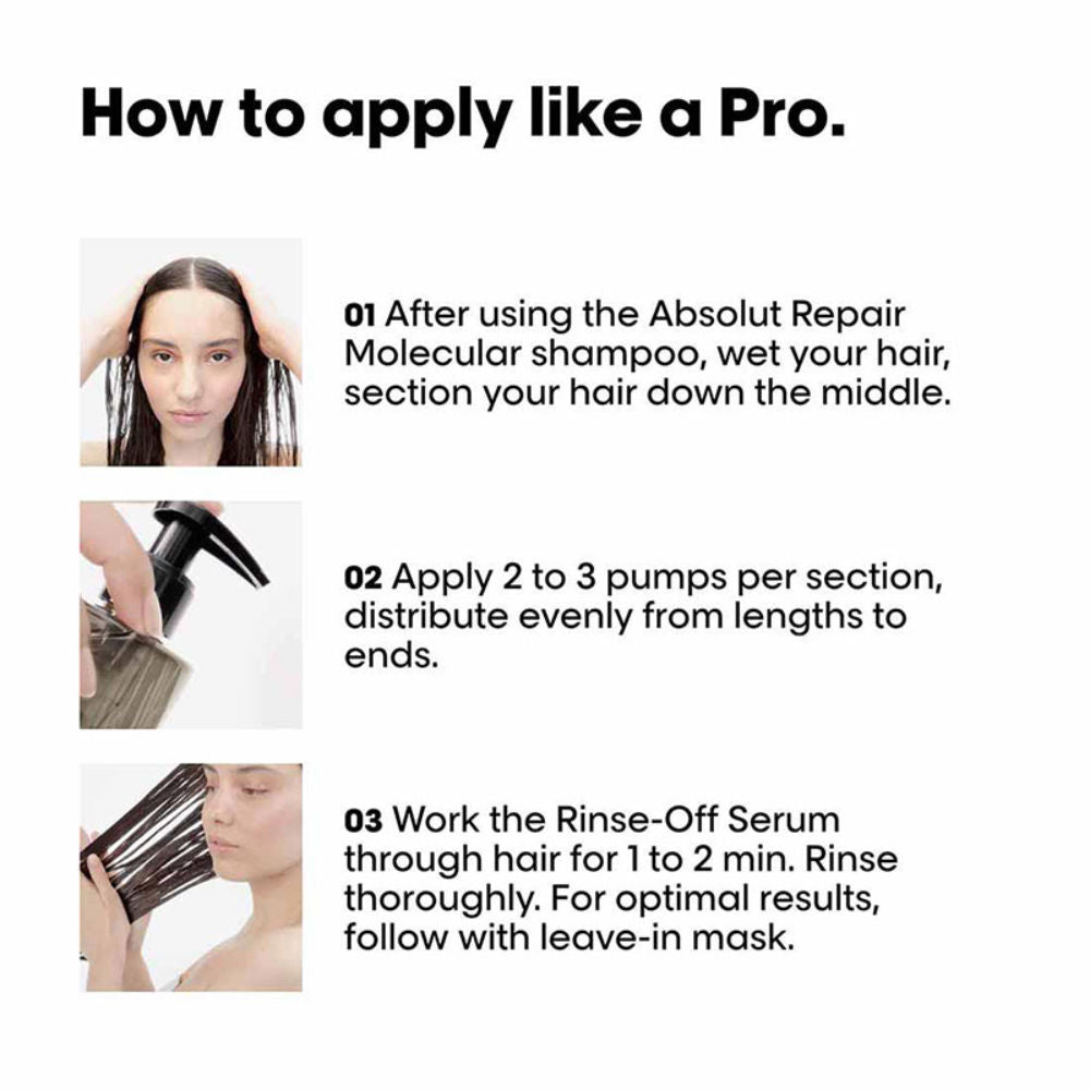 L'Oreal Professionnel Absolut Repair Molecular Shampoo 300ml | Rinse-Off Serum, 250ml Combo For Very Damaged Hair