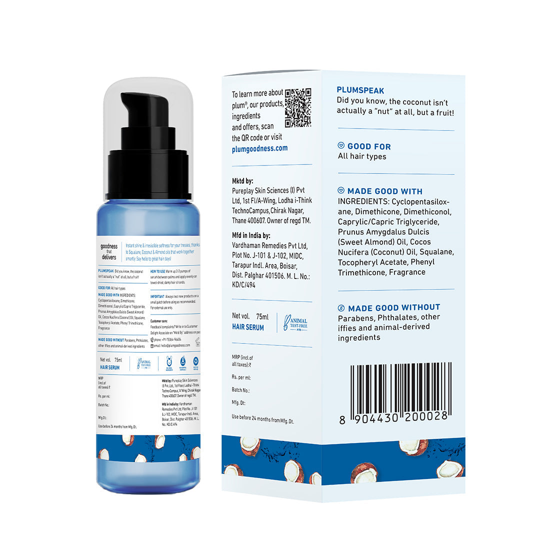 Plum Coconut & Squalane Hair Serum for Soft, Shiny Hair | 22X Shinier Hair In 1 Use | Reduces Frizz, 75ml