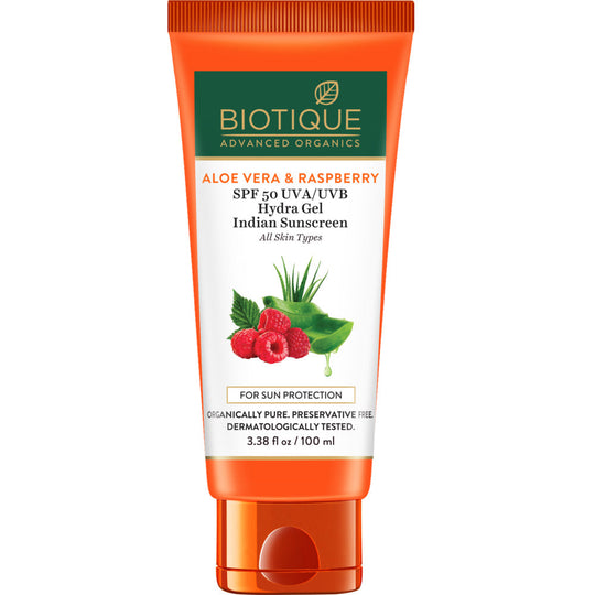 Biotique Aloe Vera & Raspberry SPF 50 Hydra Gel Indian Sunscreen, 100g - Buy from Indicrest