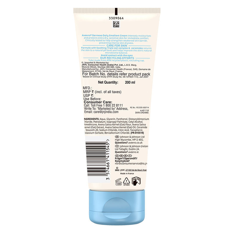 Aveeno Dermexa Daily Emollient CreamOat + Ceramide Face & Body Moisturizer for Dry Sensitive Skin, 200ml
