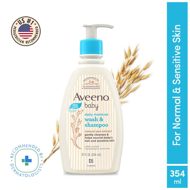 Aveeno Baby Daily Moisture Wash & Shampoo - Natural Oat Gentle Cleanser For Hair, Sensitive Body Skin, 354ml