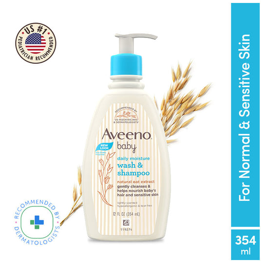 Aveeno Baby Daily Moisture Wash & Shampoo - Natural Oat Gentle Cleanser For Hair, Sensitive Body Skin, 354ml