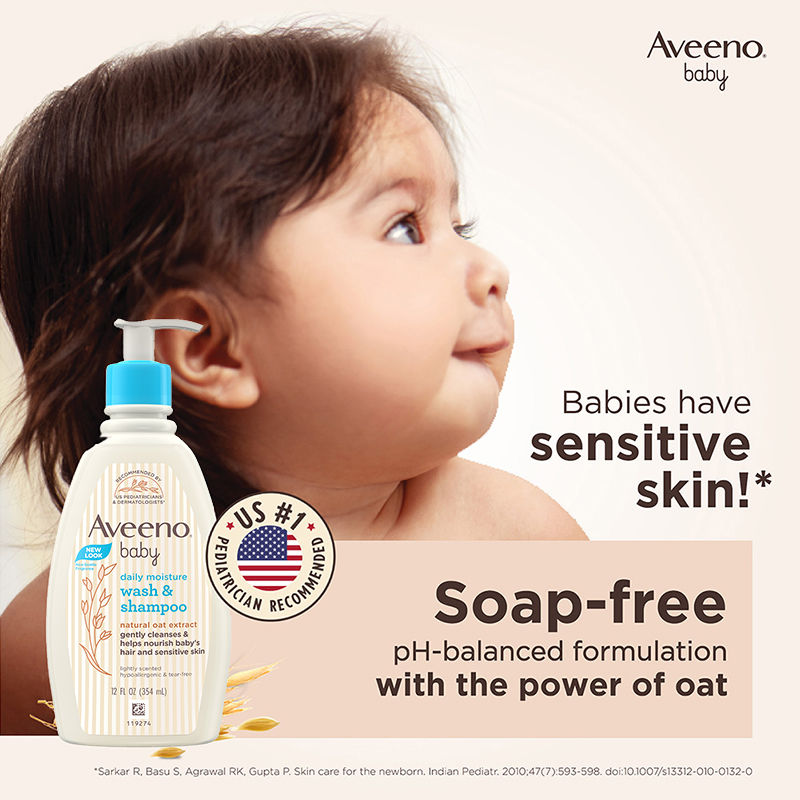 Aveeno Baby Daily Moisture Wash & Shampoo - Natural Oat Gentle Cleanser For Hair, Sensitive Body Skin, 354ml