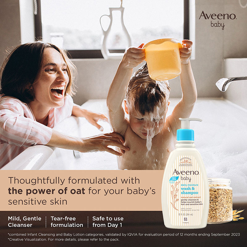 Aveeno Baby Daily Moisture Wash & Shampoo - Natural Oat Gentle Cleanser For Hair, Sensitive Body Skin, 354ml
