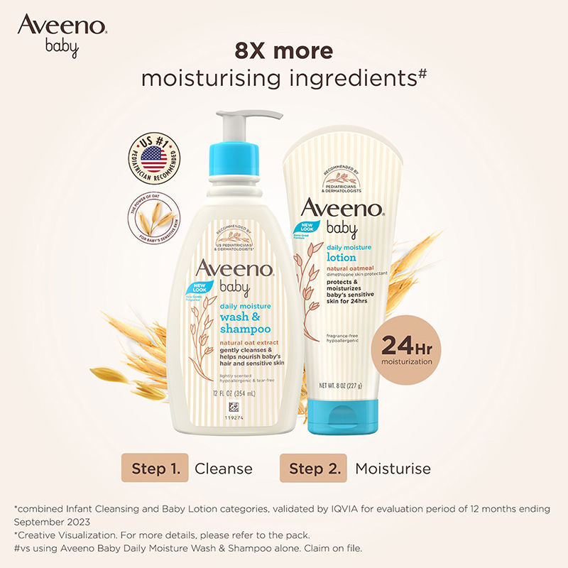 Aveeno Baby Daily Moisture Wash & Shampoo - Natural Oat Gentle Cleanser For Hair, Sensitive Body Skin, 354ml