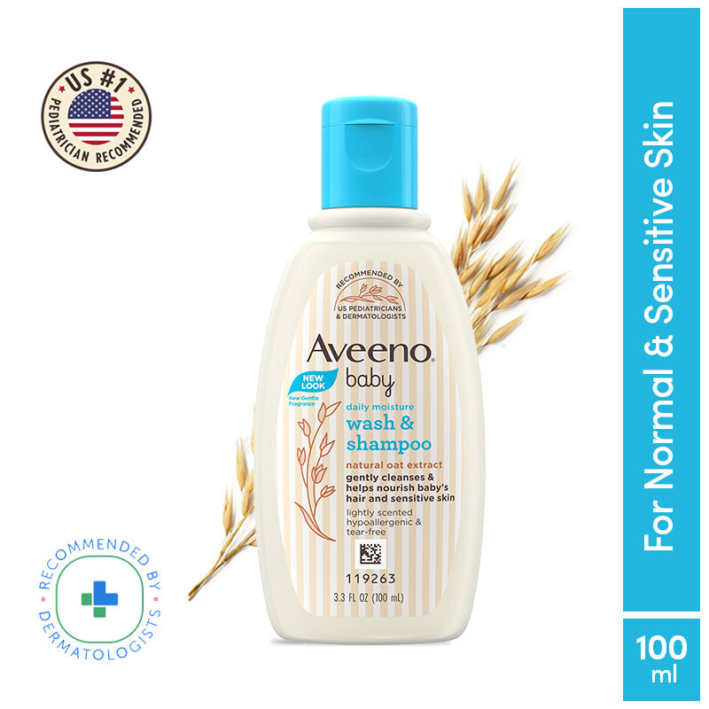 Aveeno Baby Daily Moisture Wash & Shampoo - Natural Oat Gentle Cleanser For Hair, Sensitive Body Skin, 100ml