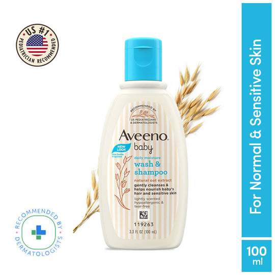 Aveeno Baby Daily Moisture Wash & Shampoo - Natural Oat Gentle Cleanser For Hair, Sensitive Body Skin, 100ml