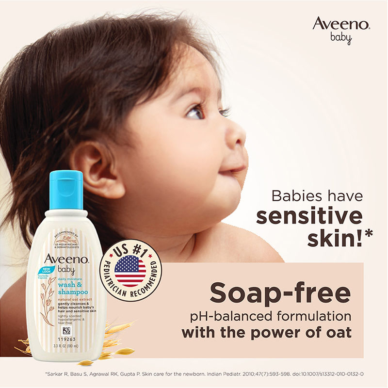 Aveeno Baby Daily Moisture Wash & Shampoo - Natural Oat Gentle Cleanser For Hair, Sensitive Body Skin, 100ml