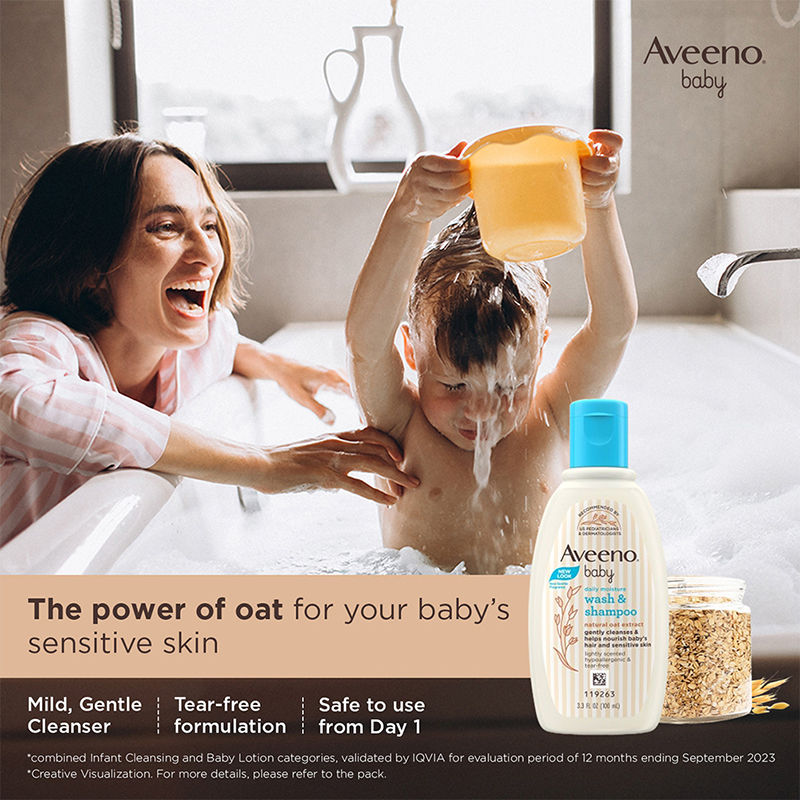 Aveeno Baby Daily Moisture Wash & Shampoo - Natural Oat Gentle Cleanser For Hair, Sensitive Body Skin, 100ml