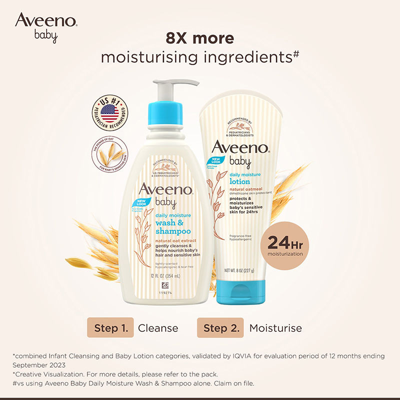 Aveeno Baby Daily Moisture Wash & Shampoo - Natural Oat Gentle Cleanser For Hair, Sensitive Body Skin, 100ml