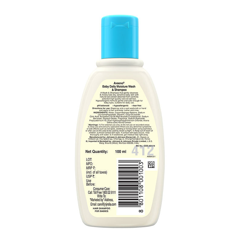 Aveeno Baby Daily Moisture Wash & Shampoo - Natural Oat Gentle Cleanser For Hair, Sensitive Body Skin, 100ml