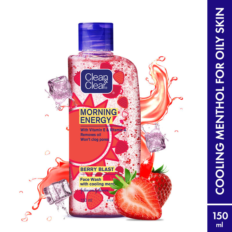 Clean & Clear Morning Energy Berry Blast Face Wash - Gentle Cleanser with Menthol for Oily Skin, 150ml
