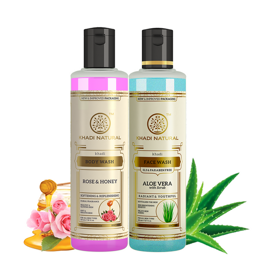 Khadi Natural Aloe Vera with Scrub Face Wash (SLS & Paraben Free) & Rose & Honey Body Wash – Combo Pack of 2 - 210ml Each - Buy from Indicrest