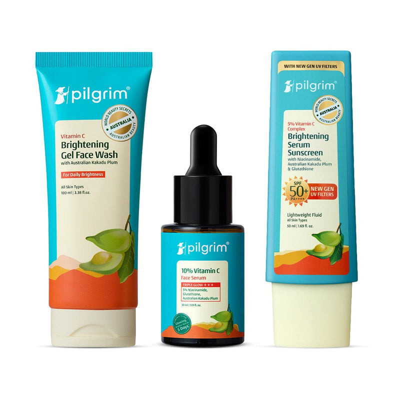 Pilgrim Vitamin C Brightening Trio, Face Wash 100ml + Face Serum 30ml + Sunscreen 45ml - Buy from Indicrest
