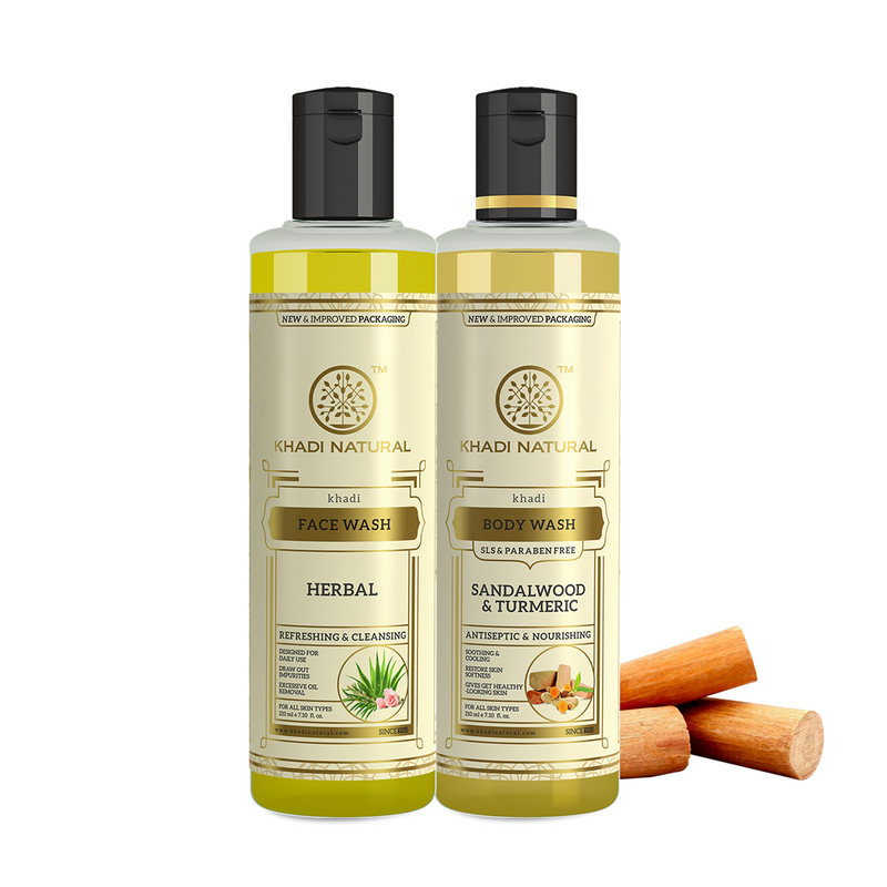Khadi Natural Herbal Face Wash & Sandalwood & Turmeric Body Wash – Combo Pack of 2 - 210ml Each - Buy from Indicrest