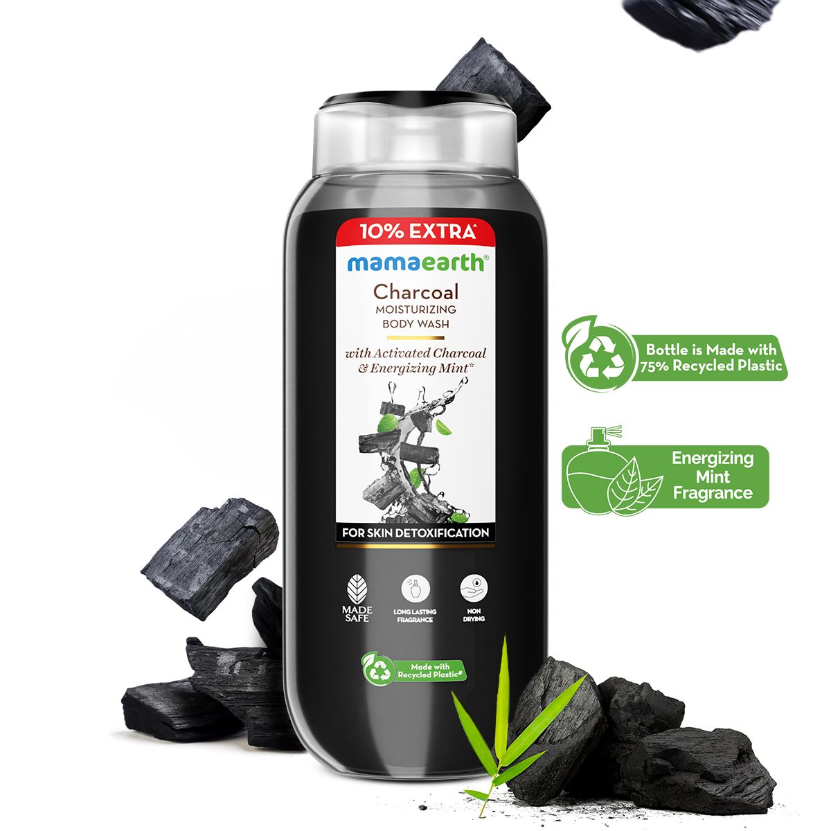 Mamaearth Charcoal Moisturizing Body Wash with Activated Charcoal & Energizing Mint for Skin Detoxification, 250ml + 25 ml Extra - Image 2 - Buy from Indicrest