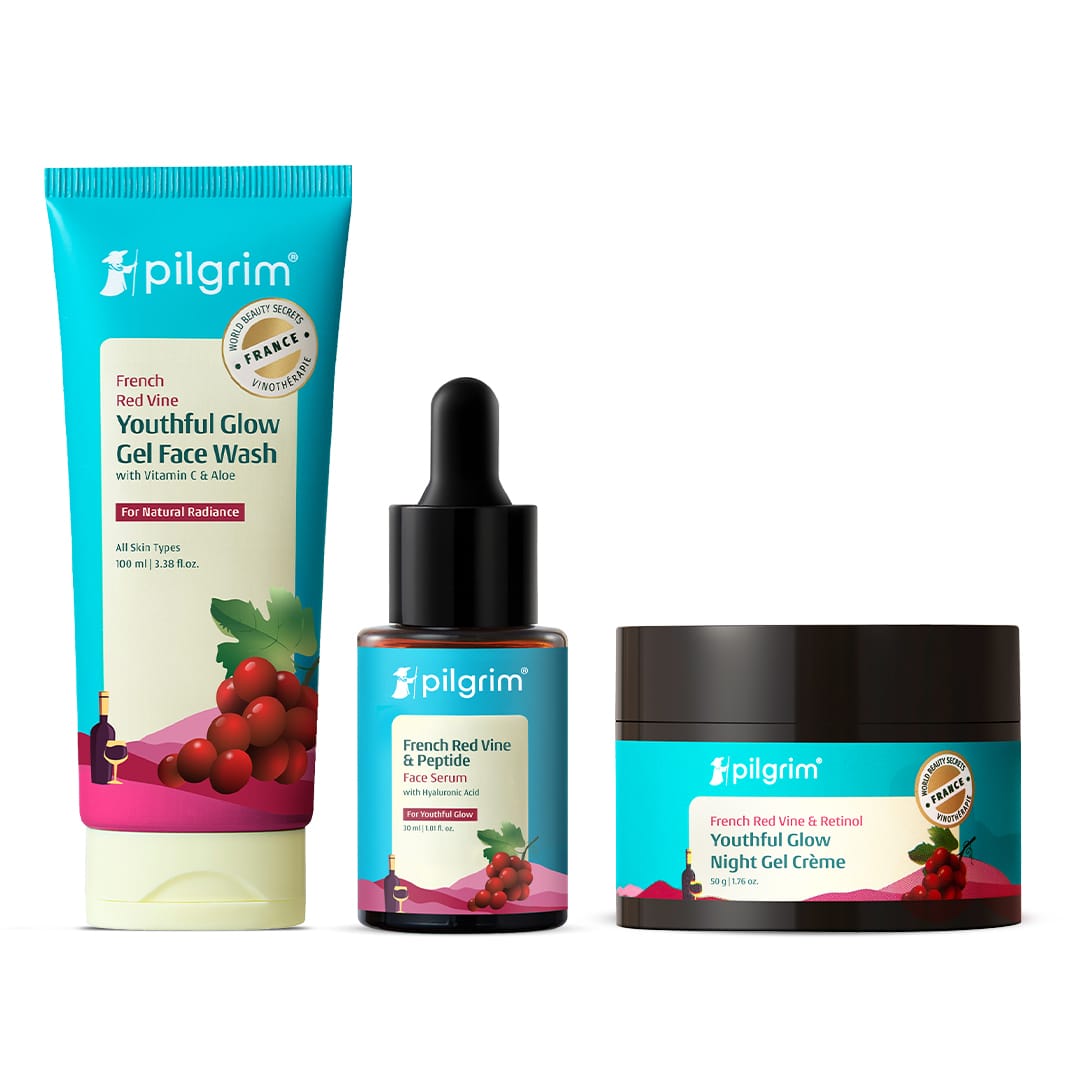 Pilgrim Anti-Ageing Kit with French Red Vine, Face Wash 100ml + Red Vine Face Serum 30ml + Red Vine Night Gel Creme 50g - Buy from Indicrest