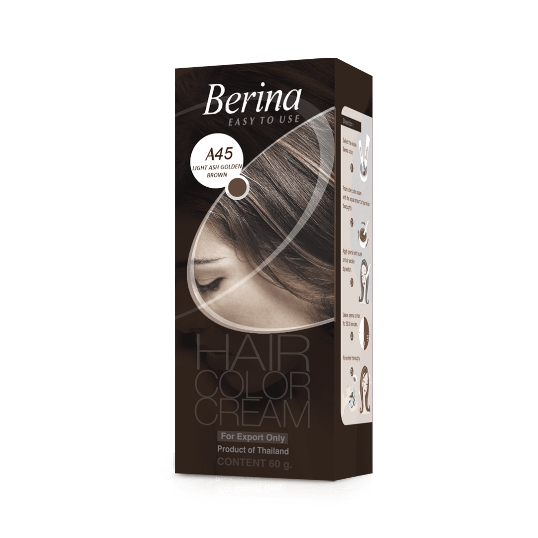 Berina Professional Permanent Hair Color Cream A45 Light Ash Golden Brown | Balanced Ash-Gold Shade with Lasting Color, A45 - Light Ash Golden Brown Buy from Indicrest