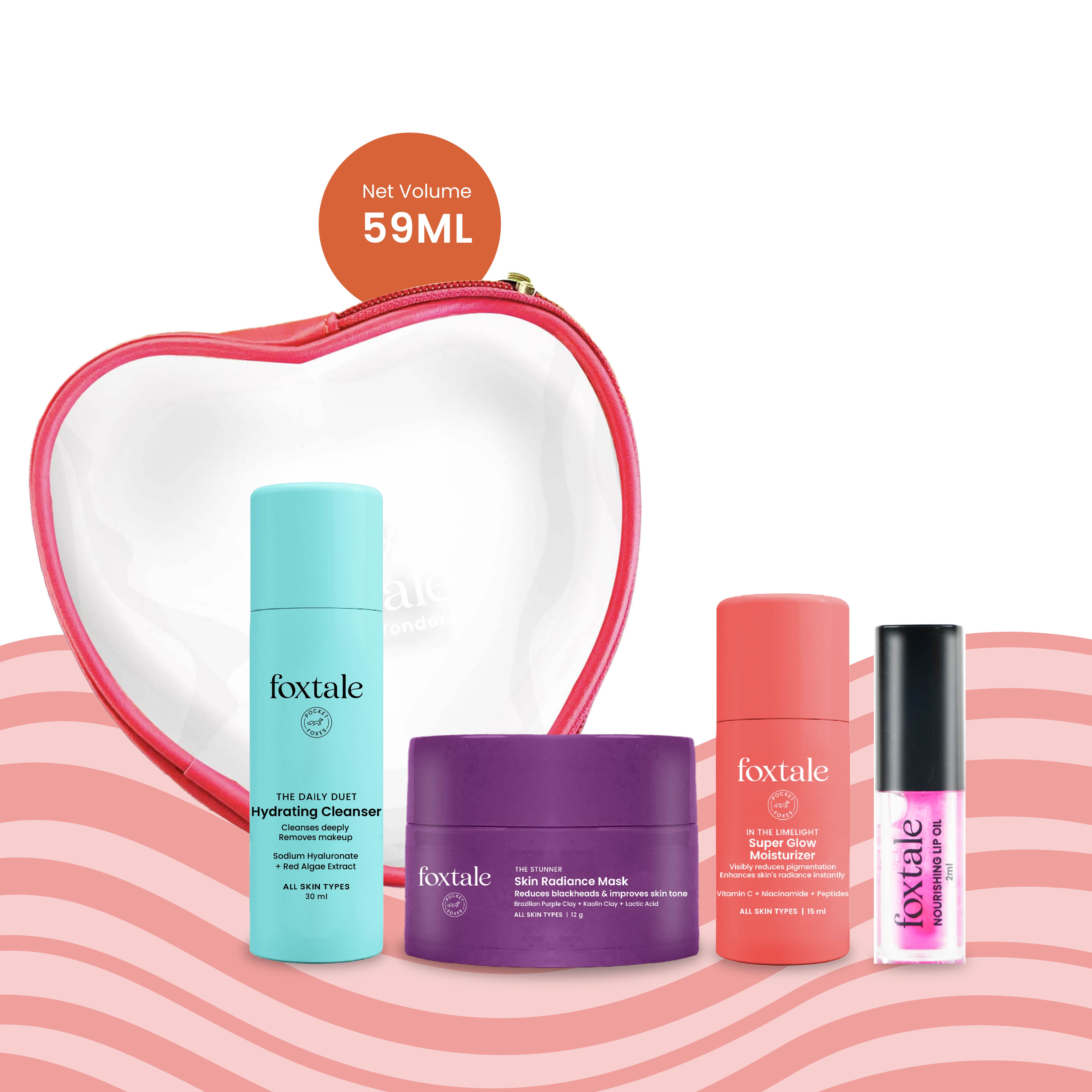 Foxtale Heart-Shaped Pouch Gift Kit Hydrating Face Wash + Skin Radiance Mask + Super Glow Moisturizer + Lip Oil + Heart Shaped Pouch - Buy from Indicrest