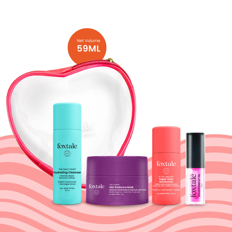 Foxtale Heart-Shaped Pouch Gift Kit Hydrating Face Wash + Skin Radiance Mask + Super Glow Moisturizer + Lip Oil + Heart Shaped Pouch - Buy from Indicrest