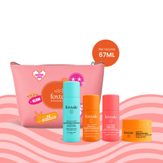 Foxtale On the Glow Travel Kit Hydrating Face Wash + Vitamin C + Super Glow Moisturizer + Glow Sunscreen + Travel Pouch - Buy from Indicrest